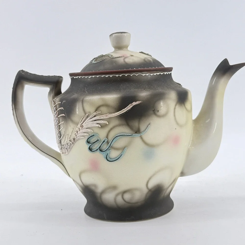 Moriage Dragon Teapot Raised Texture Decor Japan VTG Porcelain Large Black Cream